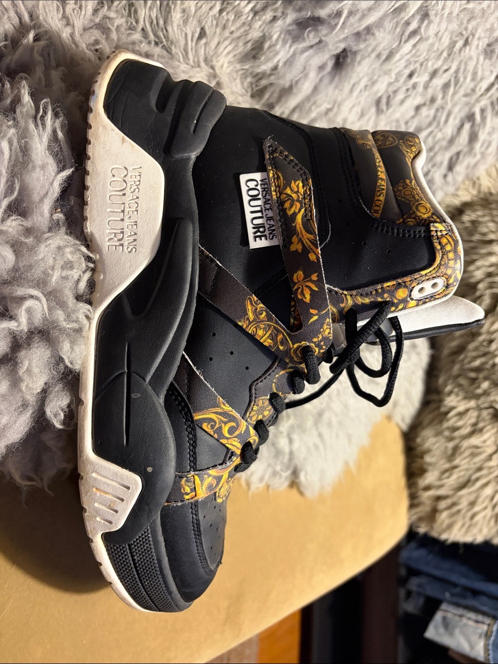 Versace Jeans Collection Black & Gold Baroque High-Top Sneakers
